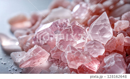 A pile of pink crystals on a table. The crystals are of different shapes and sizes, and they appear to be made of salt. Concept of calm and serenity A pile of pink crystals on a table. The crystals are of different shapes and sizes, and they appear to be made of salt. Concept of calm and serenity 128162648