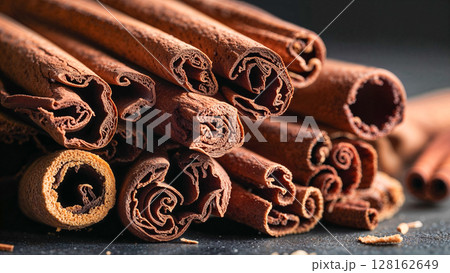A pile of cinnamon sticks on a dark surface. The sticks are brown and have a slightly rough texture. Concept of warmth and comfort, as cinnamon is often associated with cozy and comforting scents 128162649
