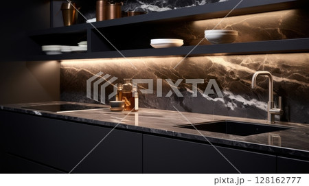 modern dark kitchen with marble backsplash and builtin shelving 128162777