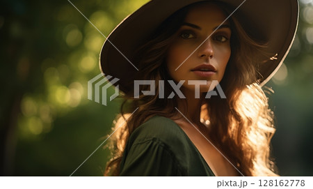 woman in brown hat sunlit portrait 128162778