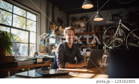 happy freelancer working in creative studio 128162805