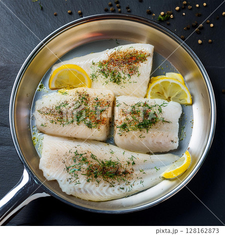 Delicate White Fish Fillets in Pan 128162873
