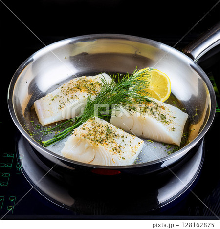 Delicate White Fish Fillets in Pan 128162875
