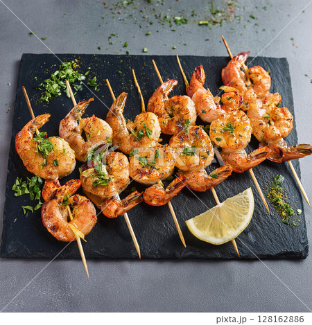 Vibrant Grilled Shrimp Skewers on Gray Vibrant Grilled Shrimp Skewers on Gray 128162886
