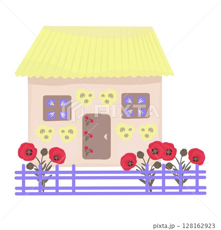 Old traditional Ukrainian house with fence and garden 128162923