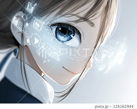 ホログラフィックディスプレイの画面を見る女性の瞳のイラスト素材 128162944