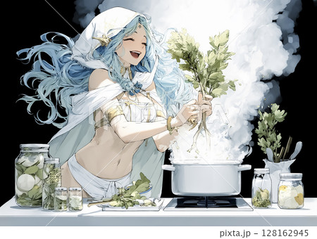 魔法を使って謎料理を作る笑顔の魔女のイラスト素材 128162945