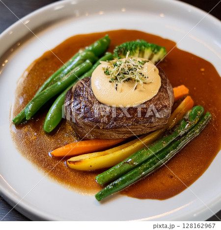 Exquisite Medium Rare Steak with Vegetables 128162967