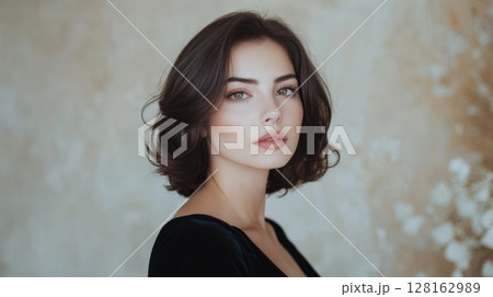 beautiful woman portrait with short brown hair 128162989