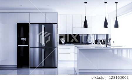modern white kitchen with stainless steel refrigerator 128163002