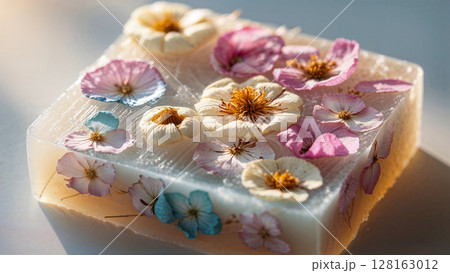 A white square with flowers on it. The flowers are in different colors and sizes. The image has a calming and peaceful mood 128163012