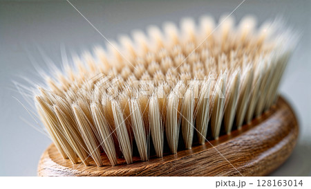 A wooden brush with white bristles is sitting on a white surface. The brush is old and worn, with some of the bristles frayed. Scene is somewhat nostalgic A wooden brush with white bristles is sitting on a white surface. The brush is old and worn, with some of the bristles frayed. Scene is somewhat nostalgic 128163014