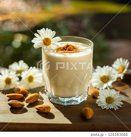 Creamy Drink Garnished with Almond and Spice 128163088