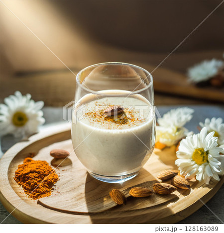 Creamy Drink Garnished with Almond and Spice 128163089