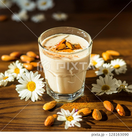 Creamy Drink Garnished with Almond and Spice Creamy Drink Garnished with Almond and Spice 128163090