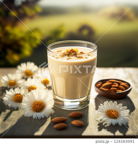 Creamy Drink Garnished with Almond and Spice Creamy Drink Garnished with Almond and Spice 128163091