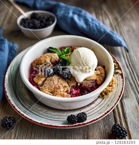Rustic Berry Cobbler with Vanilla Ice Cream 128163203