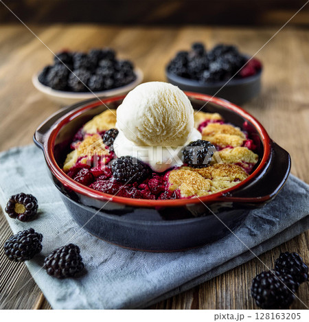 Rustic Berry Cobbler with Vanilla Ice Cream 128163205