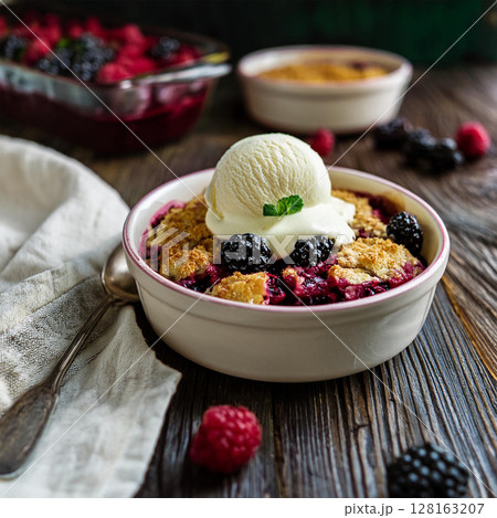 Rustic Berry Cobbler with Vanilla Ice Cream 128163207
