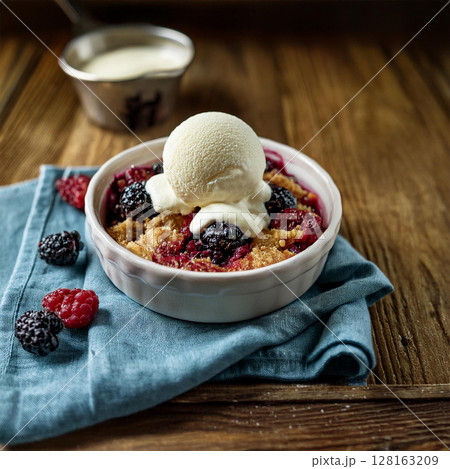 Rustic Berry Cobbler with Vanilla Ice Cream 128163209