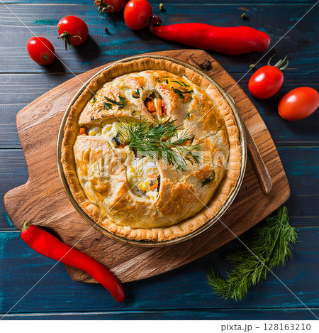Golden Seafood Pie on Rustic Cutting Board 128163210