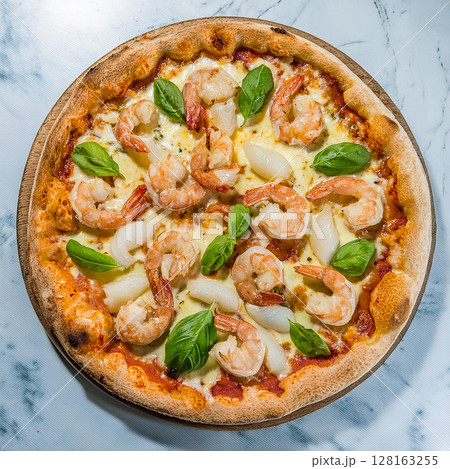Vibrant Seafood Pizza with Fresh Ingredients 128163255