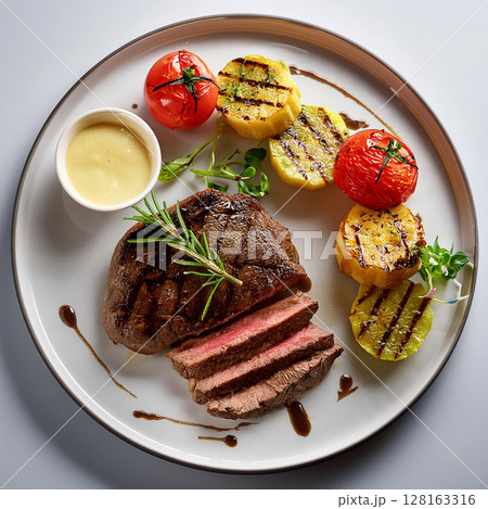 Elegant Grilled Steak with Vegetables and Potatoes Elegant Grilled Steak with Vegetables and Potatoes 128163316