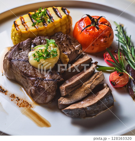 Elegant Grilled Steak with Vegetables and Potatoes 128163320
