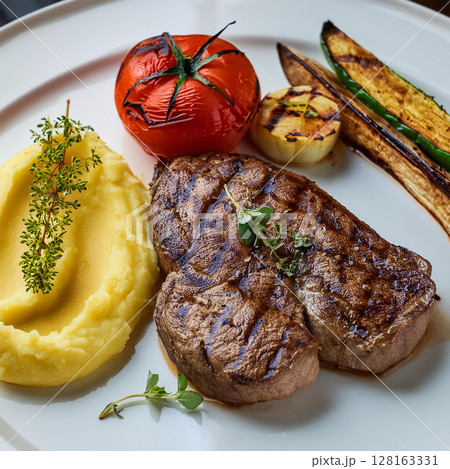 Elegant Grilled Steak with Vegetables and Potatoes 128163331
