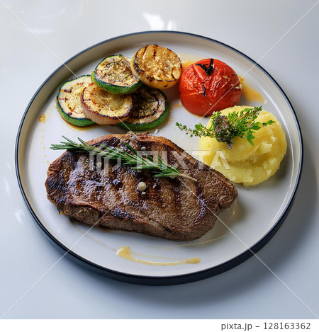 Elegant Grilled Steak with Vegetables and Potatoes 128163362