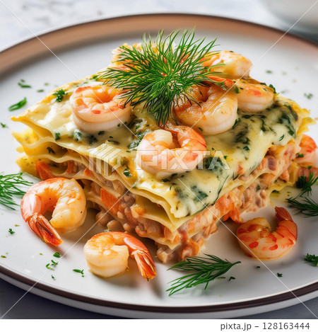 Seafood Lasagna Beautifully Garnished on Plate 128163444