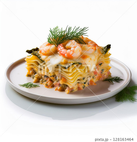 Seafood Lasagna Beautifully Garnished on Plate 128163464