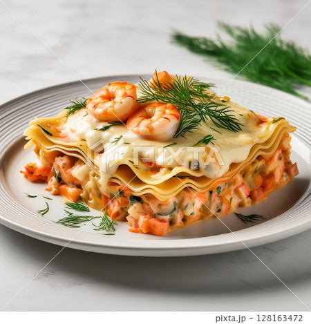 Seafood Lasagna Beautifully Garnished on Plate 128163472
