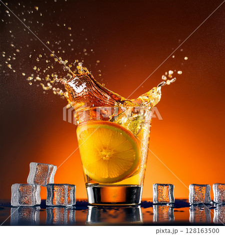 Refreshing Orange Juice Splash in Glass 128163500