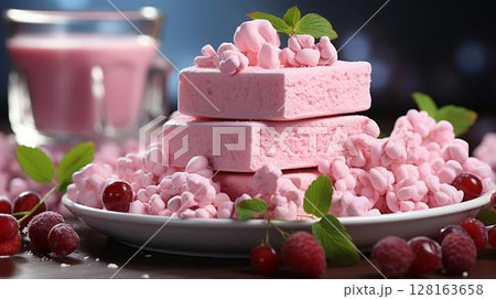 Pink sweet delicious berry dessert marshmallow with cherry and raspberry 128163658