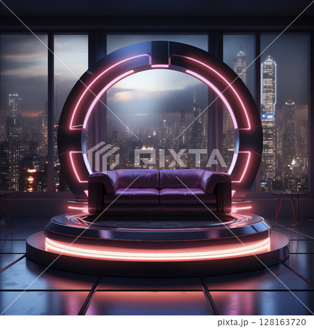 Abstract neon purple futuristic cylindrical round hi-tech platform stand 128163720