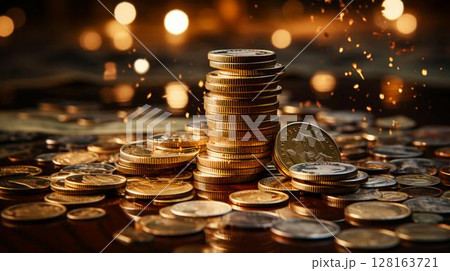 Gold coins and money are scattered on the table. Concept of wealth and saving money 128163721