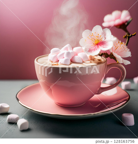 Cozy Pink Cup with Marshmallows and Blossoms 128163756
