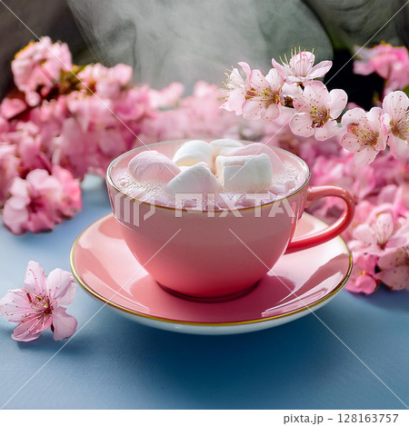 Cozy Pink Cup with Marshmallows and Blossoms 128163757