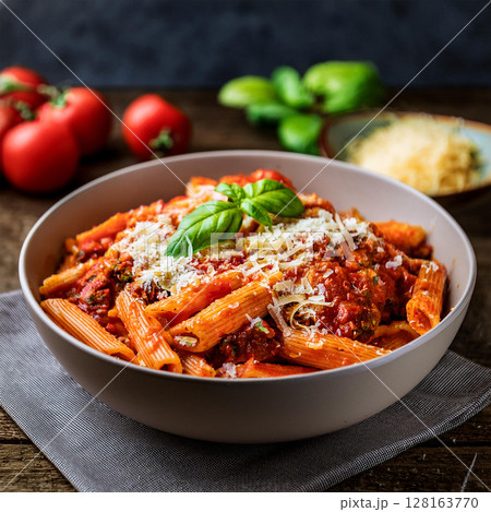 Delicious Rigatoni Pasta Bowl with Basil 128163770