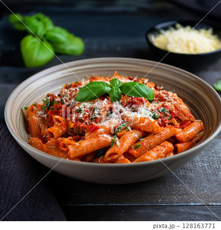 Delicious Rigatoni Pasta Bowl with Basil 128163771
