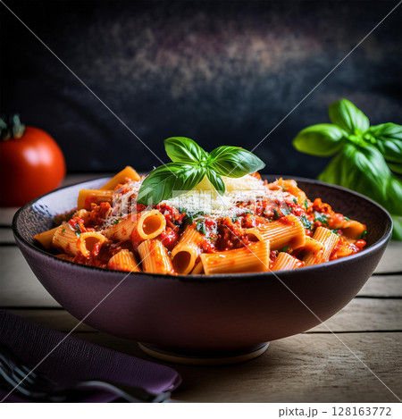 Delicious Rigatoni Pasta Bowl with Basil 128163772