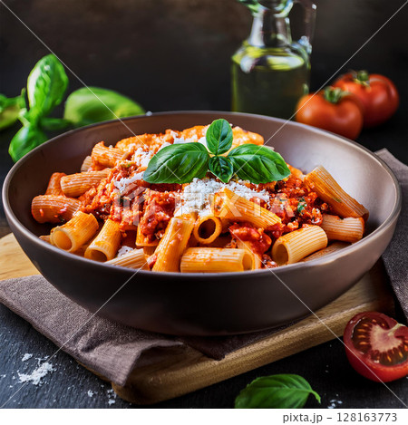 Delicious Rigatoni Pasta Bowl with Basil 128163773