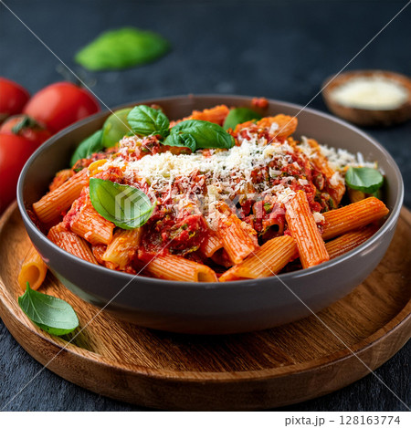 Delicious Rigatoni Pasta Bowl with Basil 128163774