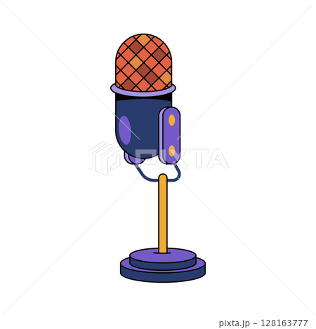 Retro table audio microphone. Vector standing mic for audio recording and interview, radio broadcast and live performance, podcasting and studio entertainment. Symbol for speech, communication. Sound. 128163777