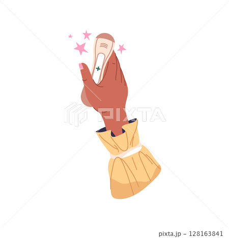 Hand hold pregnancy test kit with result strip. Vector medical and personal care for fertility awareness and family planning, device for early pregnant detection. Parenthood diagnosis. Baby or child. Hand hold pregnancy test kit with result strip. Vector medical and personal care for fertility awareness and family planning, device for early pregnant detection. Parenthood diagnosis. Baby or child. 128163841