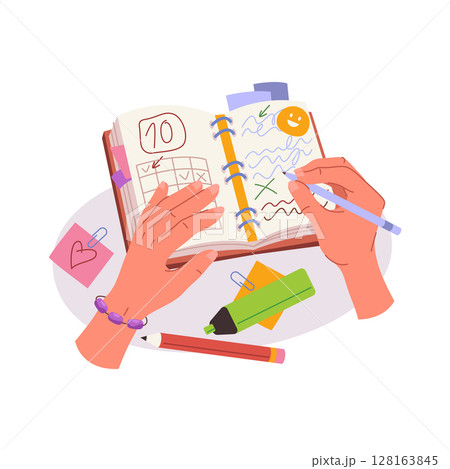 Human hands make notes on paper. Vector plan making illustration. Organizing and planning, handwriting reminder or management journal, to-do or schedule timeline. Personal day planner. Memo, agenda. 128163845