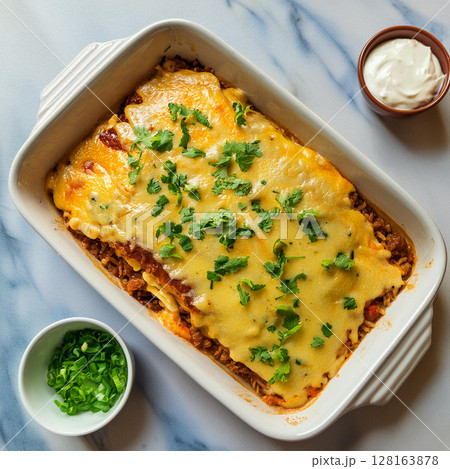 Hearty Baked Dish with Golden Cheese 128163878