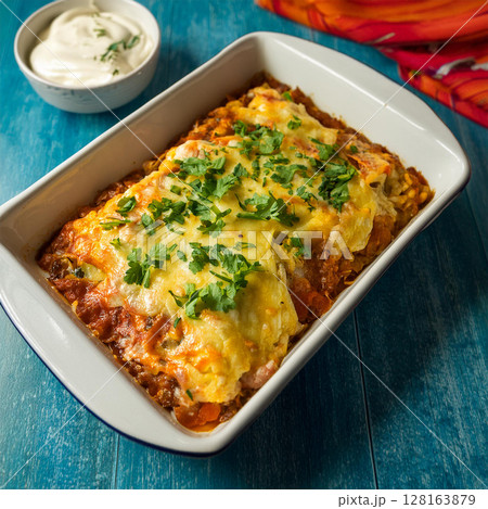 Hearty Baked Dish with Golden Cheese 128163879