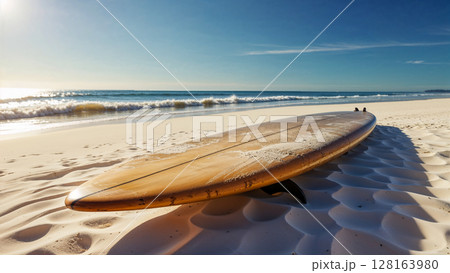 A surfboard is laying on the sand at the beach. The sun is shining brightly, creating a warm and inviting atmosphere. The beach is empty, with no people in sight, giving the scene a peaceful 128163980